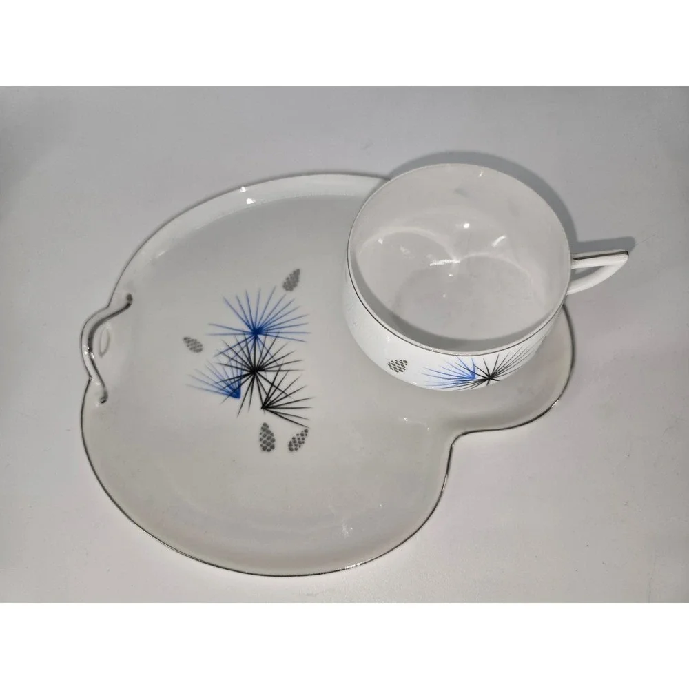 Vintage‎ Hakusan China Snack Set Cup Tray Atomic Starburst Blue Black Japan 9613